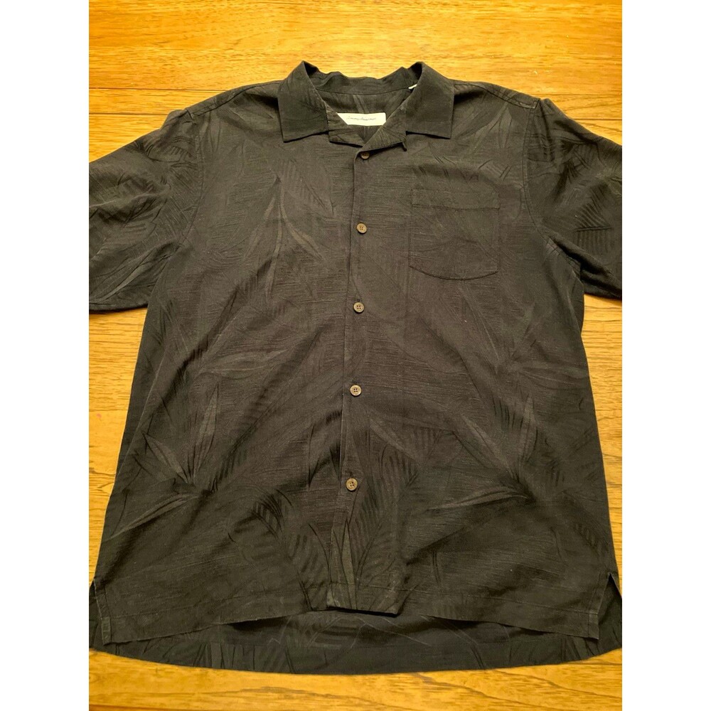 Tommy Bahama Men L Black Solid Short Sleeve Woven Silk/Cotton Button-Up Pockets